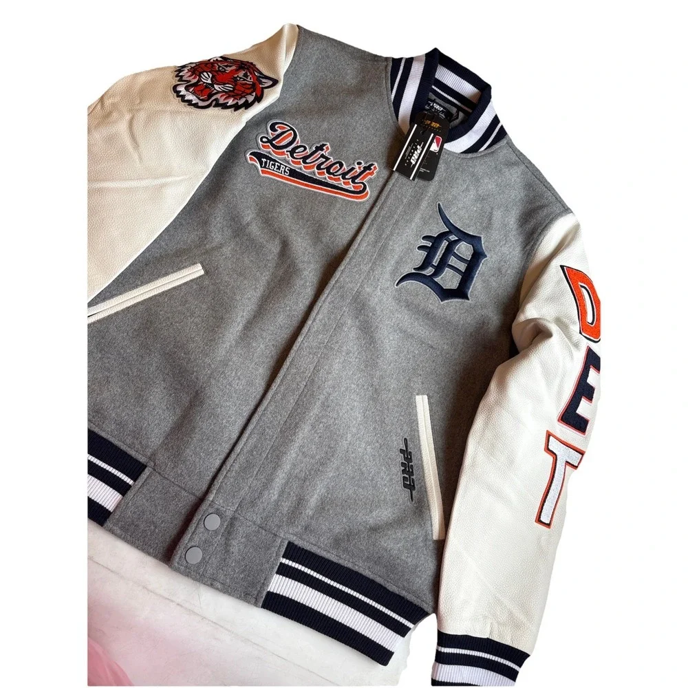 MLB Detroit Tigers Retro Classic Men's Rib Grey Wool Varsity Jacket Sz LARGE NWT